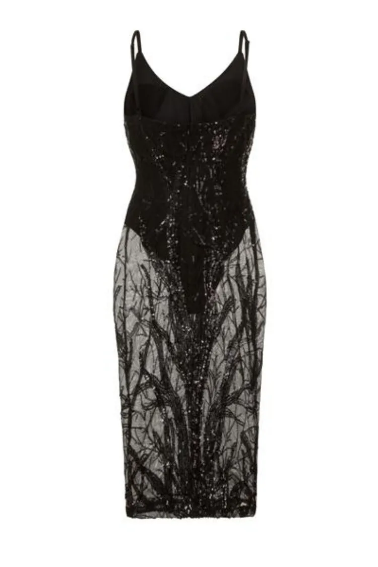 Candice Luxe Tree Black Sequin Leaf Sheer Bodysuit Midi Dress