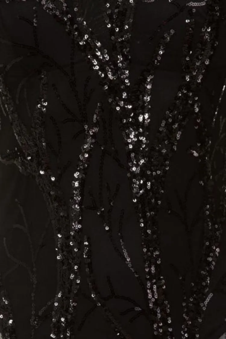 Candice Luxe Tree Black Sequin Leaf Sheer Bodysuit Midi Dress