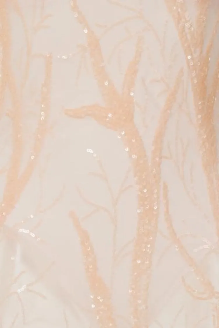 Candice Luxe Tree Peach Nude Sequin Leaf Sheer Bodysuit Midi Dress