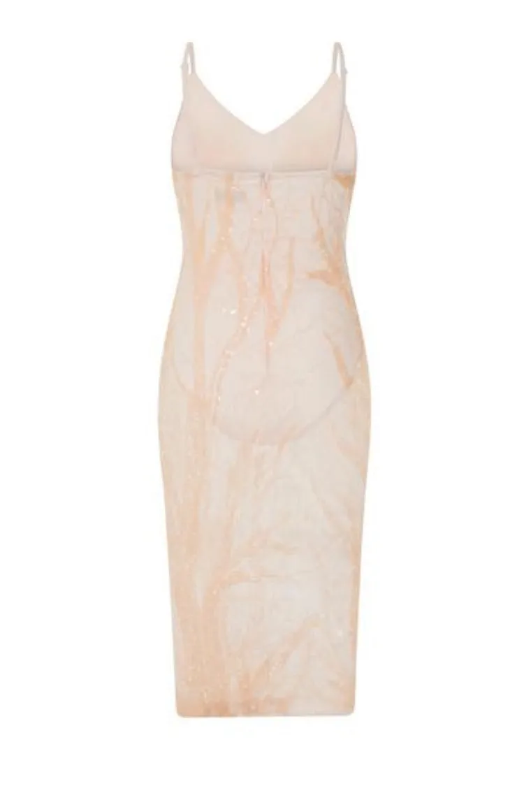 Candice Luxe Tree Peach Nude Sequin Leaf Sheer Bodysuit Midi Dress