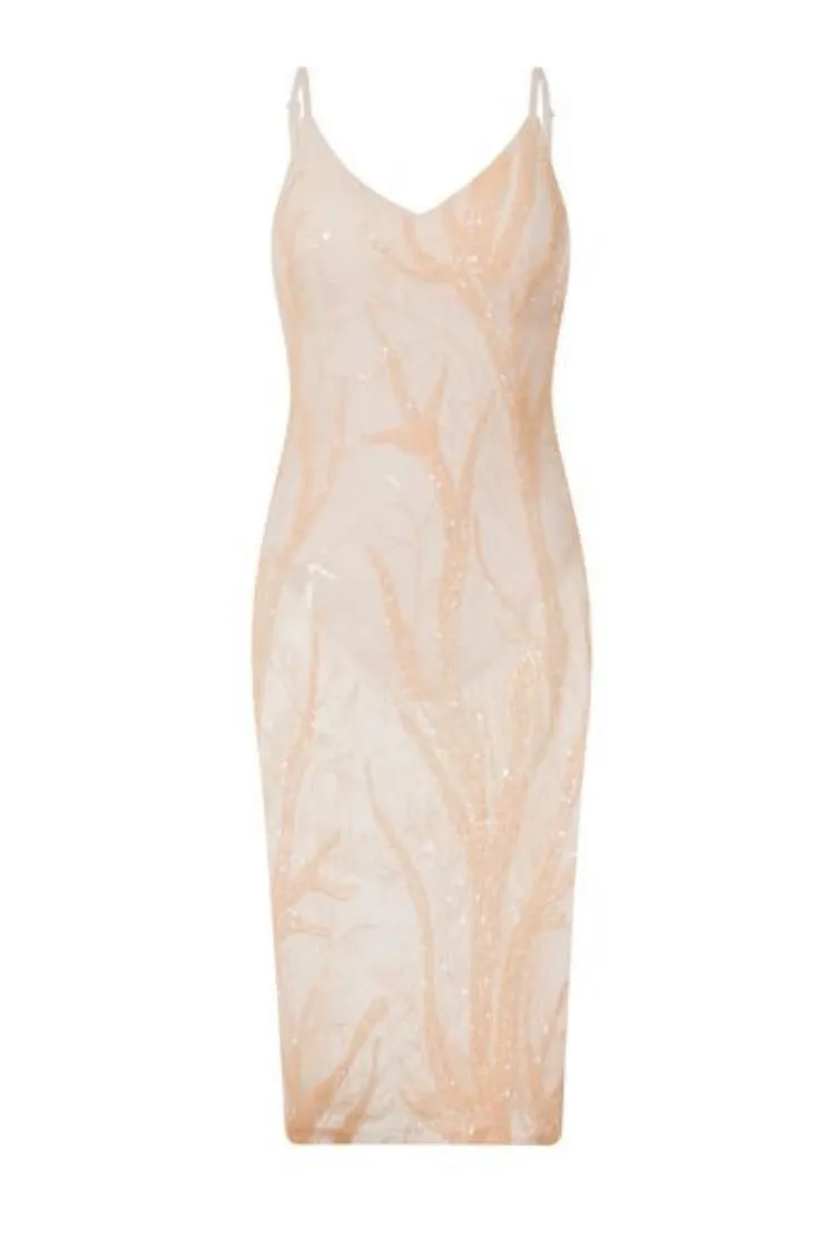 Candice Luxe Tree Peach Nude Sequin Leaf Sheer Bodysuit Midi Dress