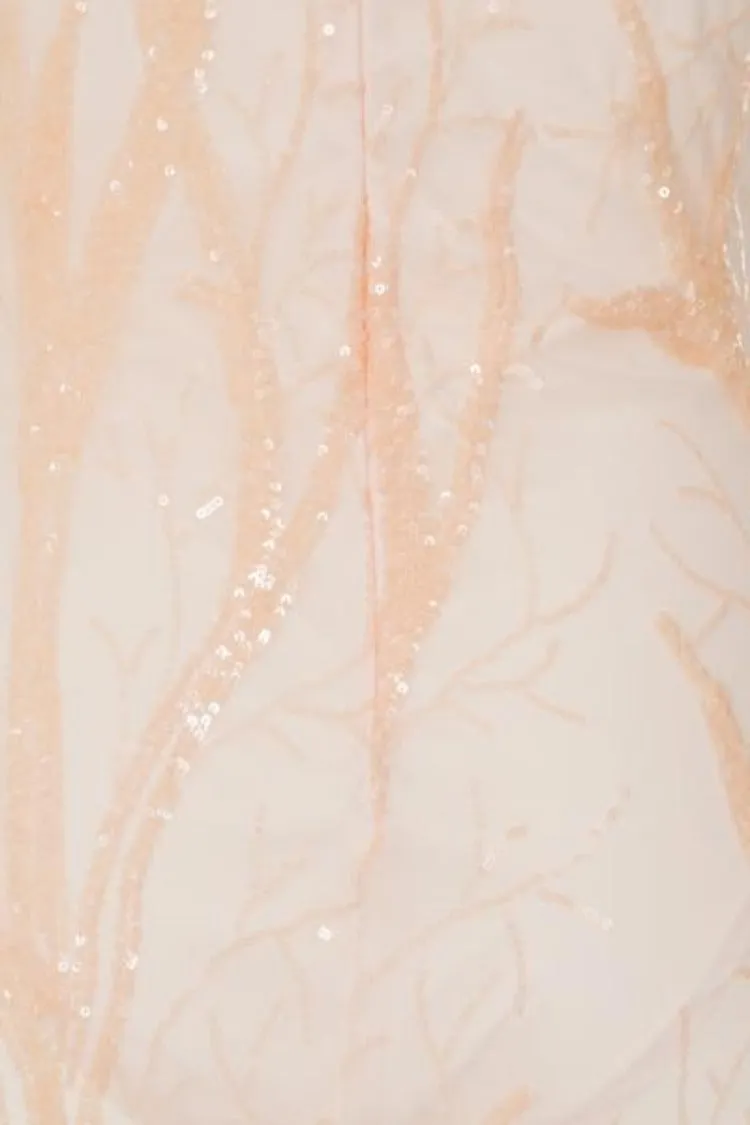 Candice Luxe Tree Peach Nude Sequin Leaf Sheer Bodysuit Midi Dress