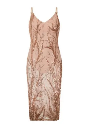 Candice Luxe Tree Rose Gold Nude Sequin Leaf Sheer Bodysuit Midi Dress