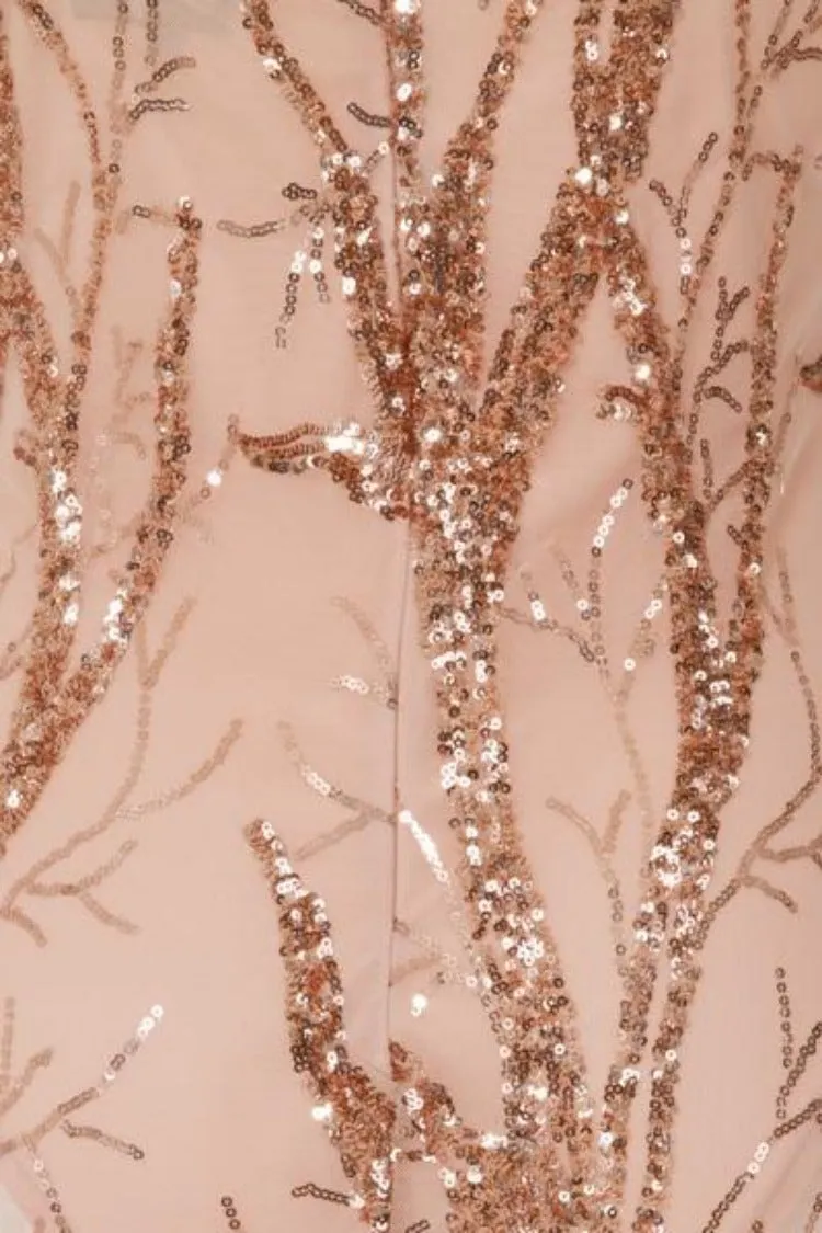 Candice Luxe Tree Rose Gold Nude Sequin Leaf Sheer Bodysuit Midi Dress