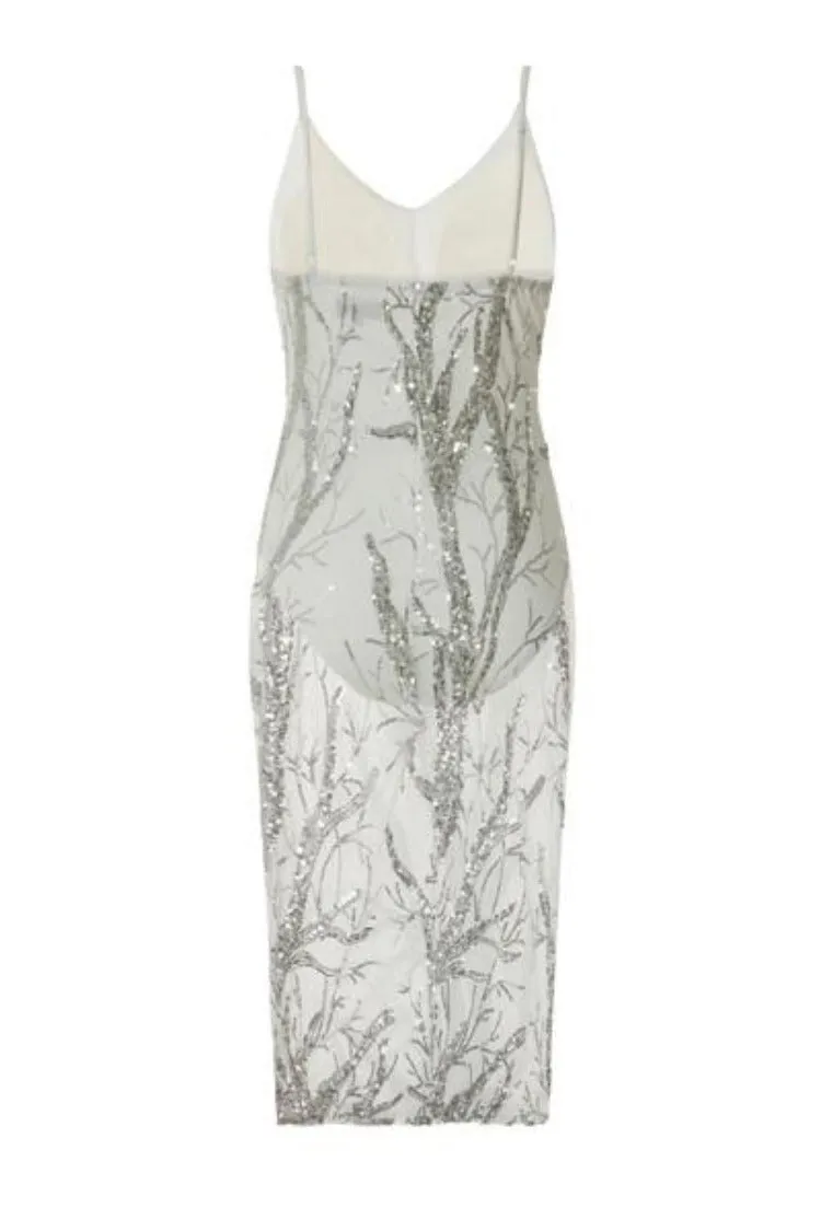 Candice Luxe Tree Silver White Sequin Leaf Sheer Bodysuit Midi Dress