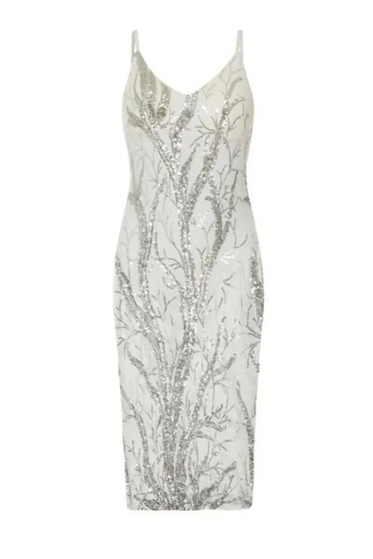 Candice Luxe Tree Silver White Sequin Leaf Sheer Bodysuit Midi Dress