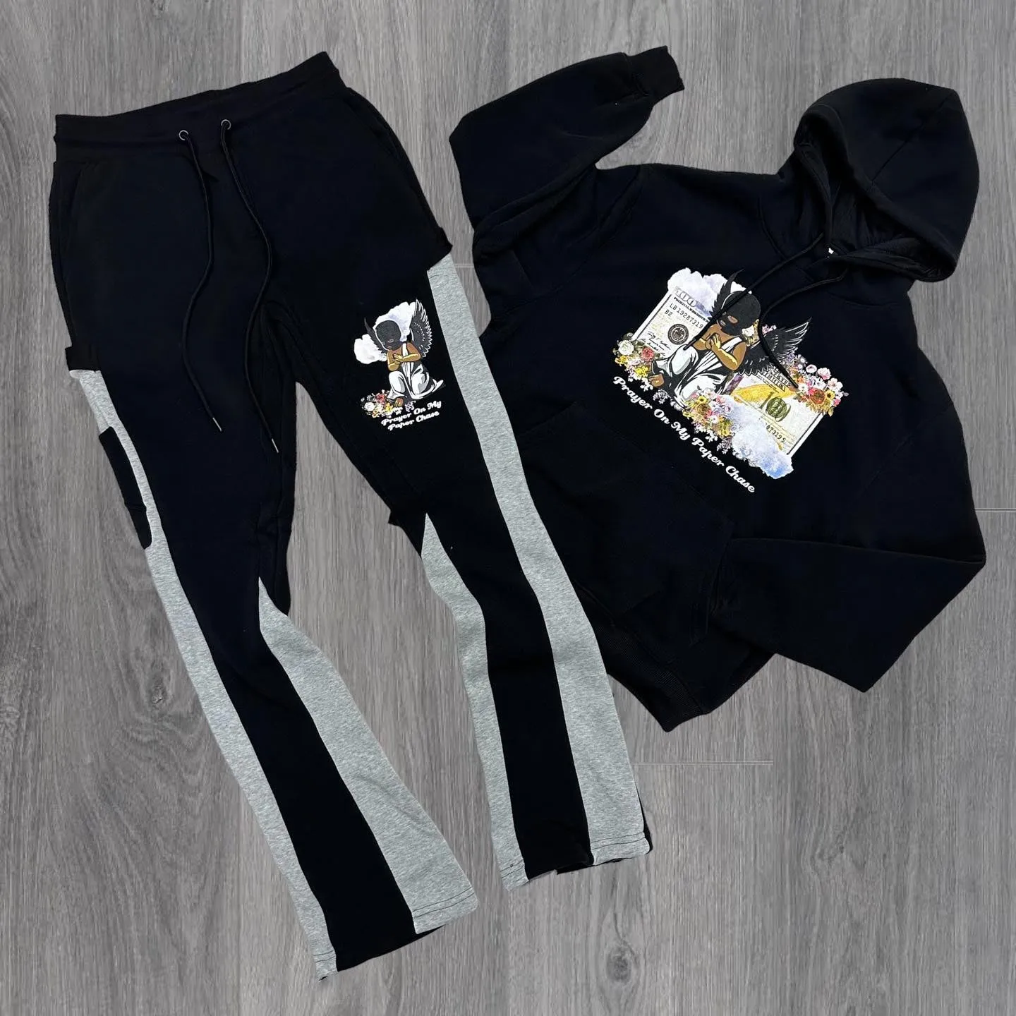 Casual Retro Contrast Pattern Hoodie Set