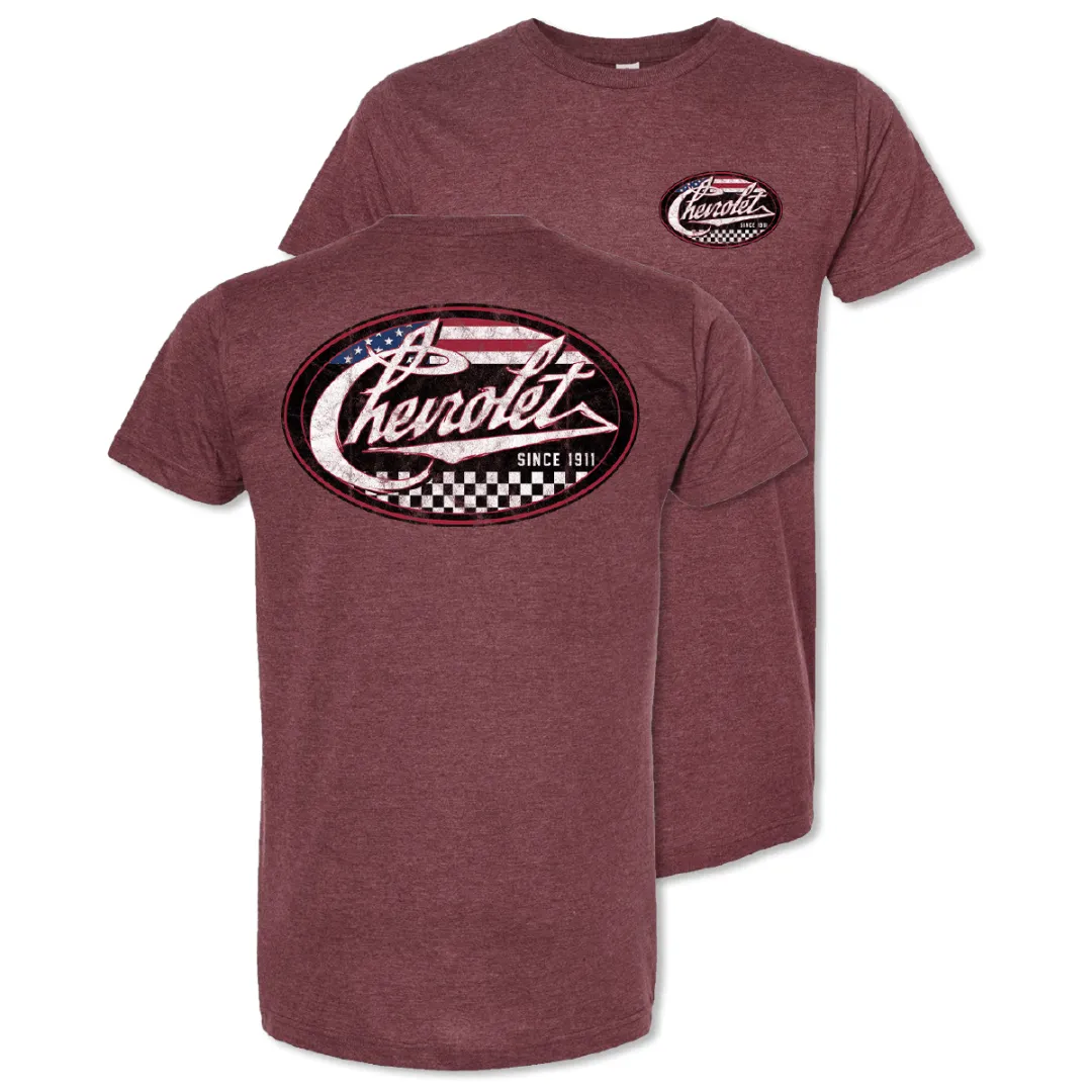 Chevrolet Script American Checkered Flag T-Shirt - Heather Burgundy