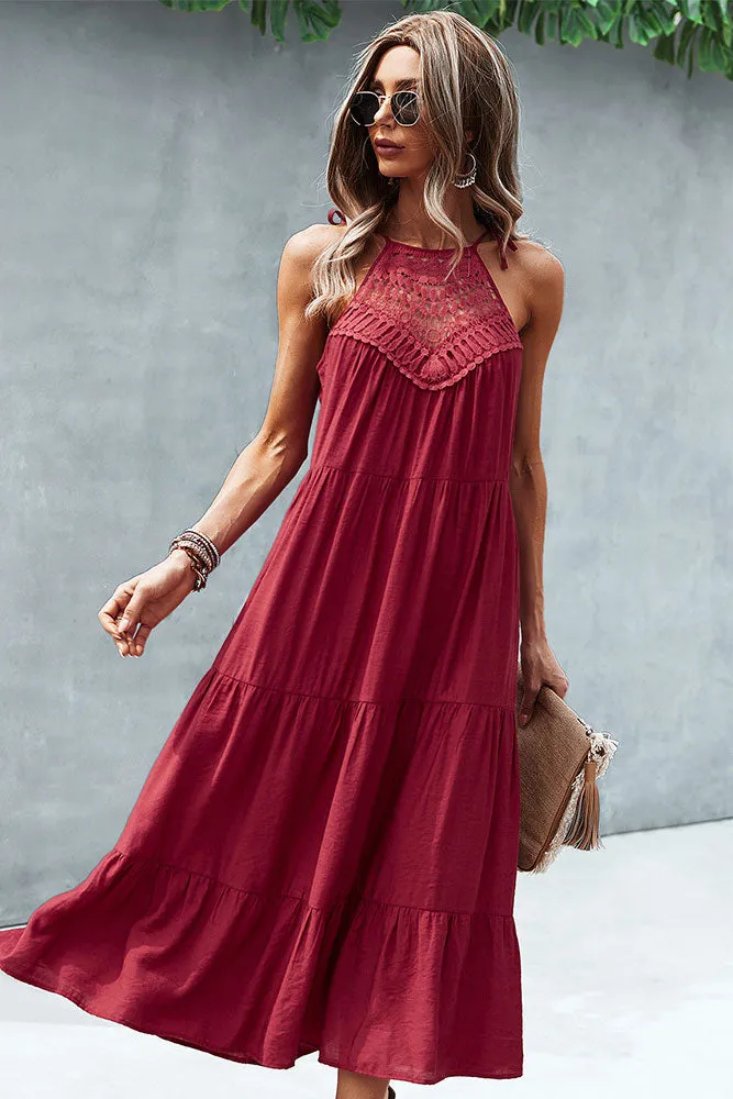 Chic Sleeveless Solid Color Stitching A-Line Mid-length Dress