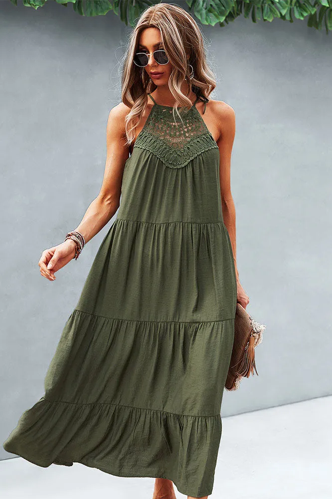 Chic Sleeveless Solid Color Stitching A-Line Mid-length Dress