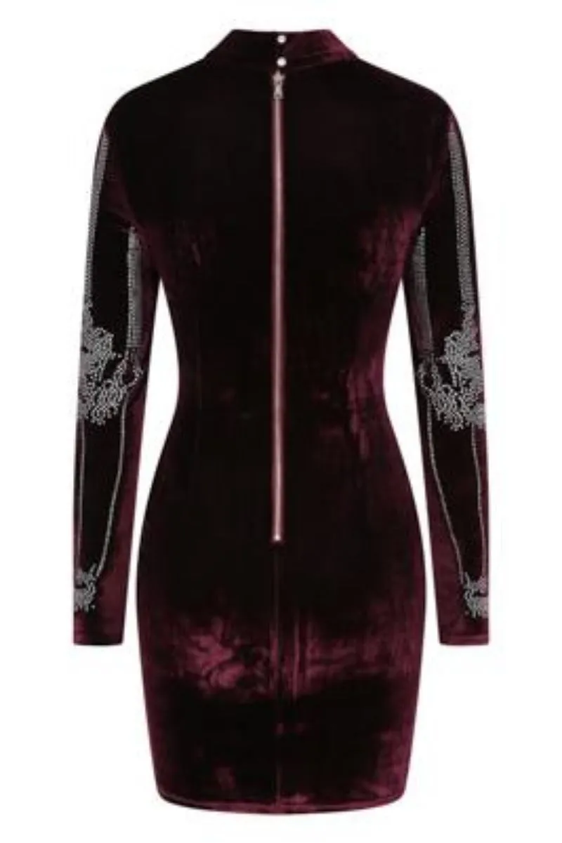 Crush Berry Wine Velvet Embellished Rhinestone Long Sleeve Bodycon Dress