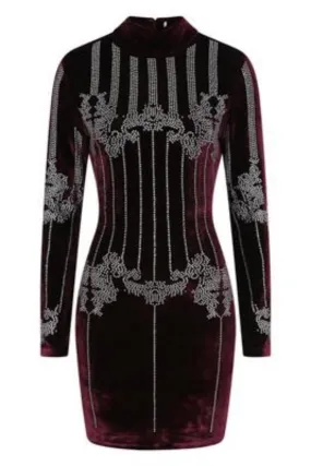 Crush Berry Wine Velvet Embellished Rhinestone Long Sleeve Bodycon Dress