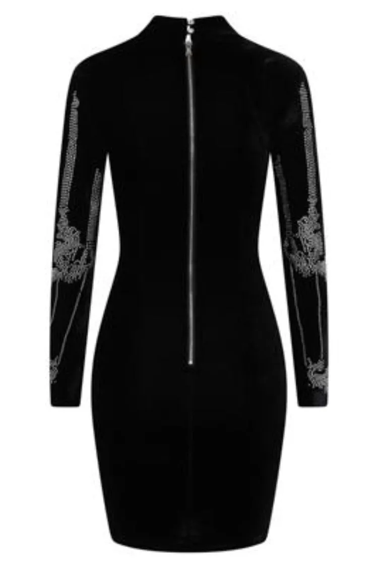 Crush Black Velvet Embellished Rhinestone Long Sleeve Bodycon Dress