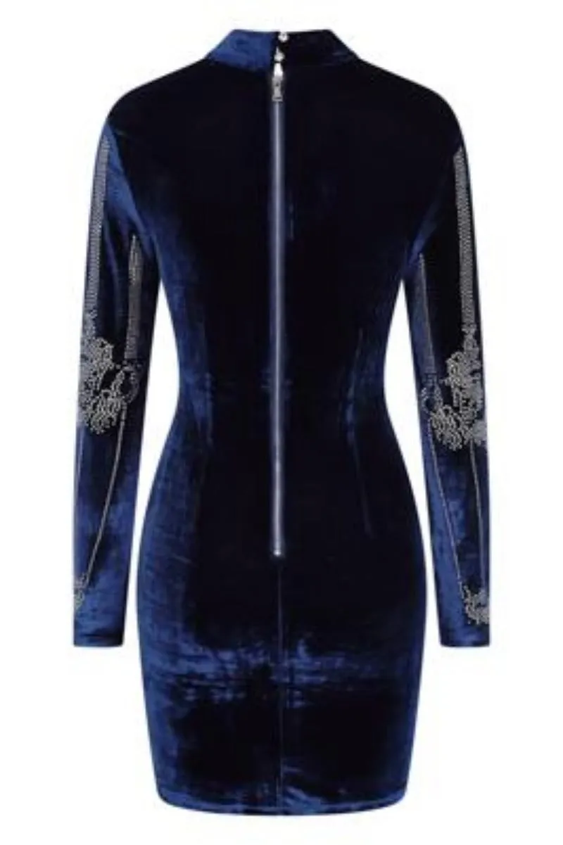 Crush Navy Blue Velvet Embellished Rhinestone Long Sleeve Bodycon Dress