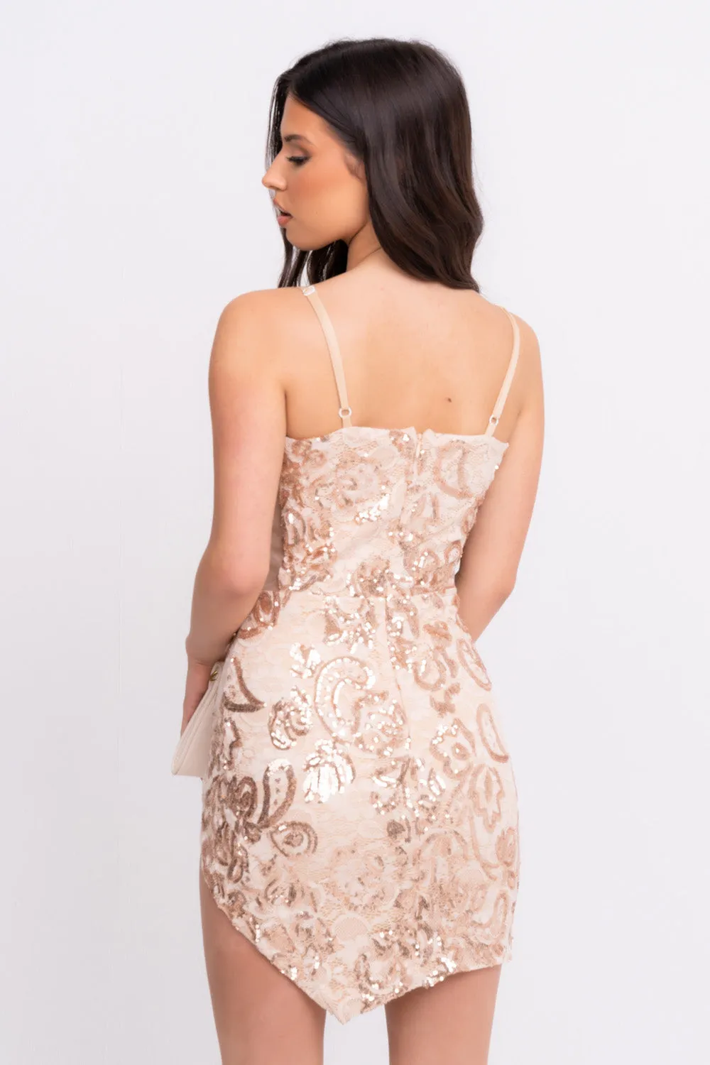 ﻿Cupid Rose Gold Luxe Floral Sequin Lace Plunge Bodycon Mini Asymmetric Curve Slit Dress