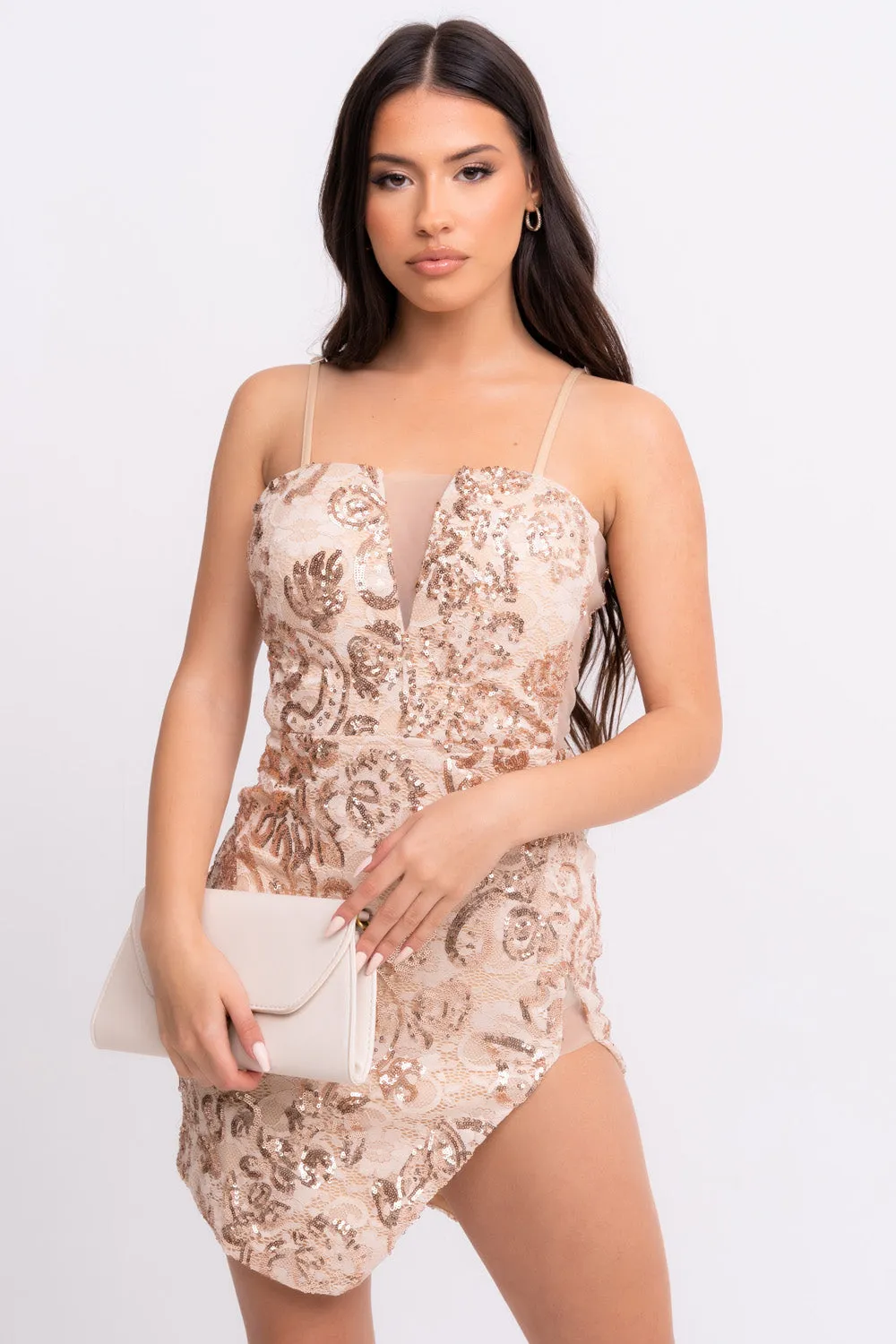 ﻿Cupid Rose Gold Luxe Floral Sequin Lace Plunge Bodycon Mini Asymmetric Curve Slit Dress