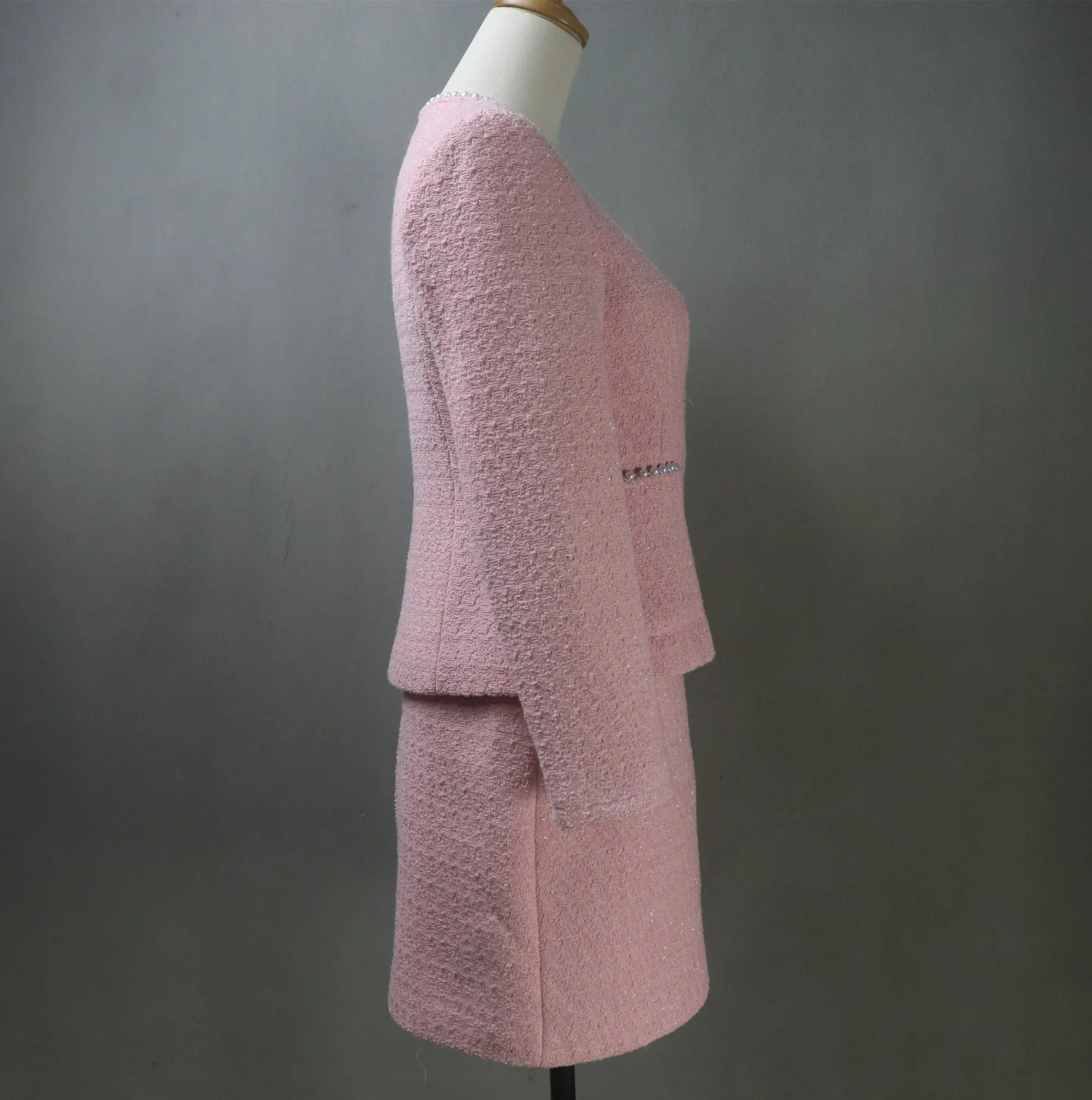 Custom Made Pink Tweed Skirt Suit with Pearls Trim