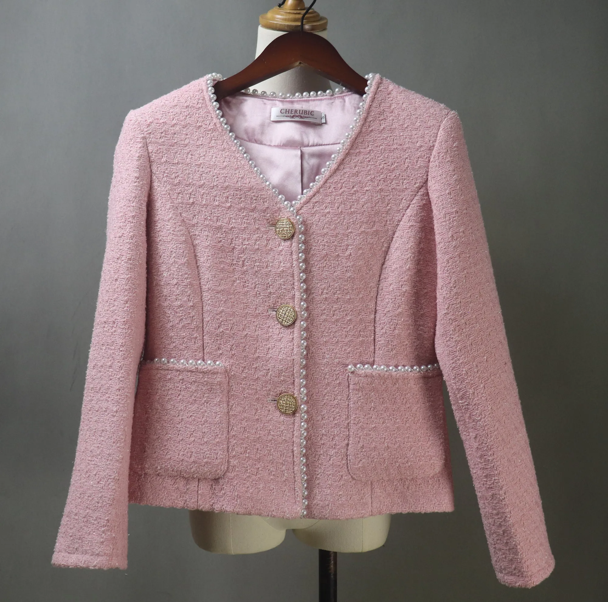 Custom Made Pink Tweed Skirt Suit with Pearls Trim