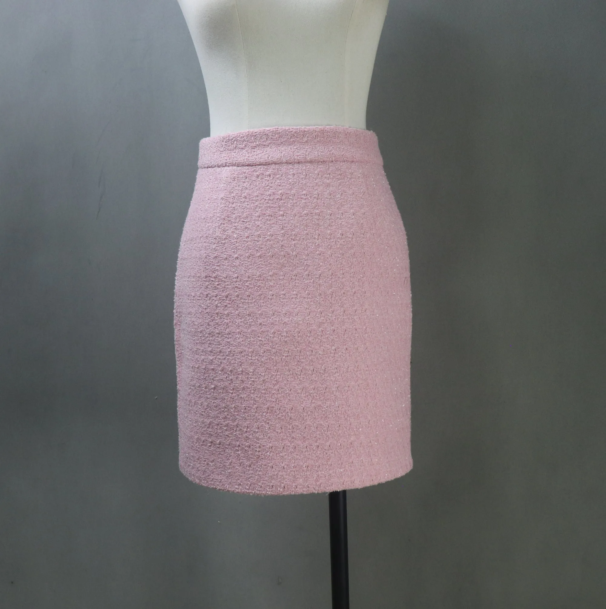 Custom Made Pink Tweed Skirt Suit with Pearls Trim