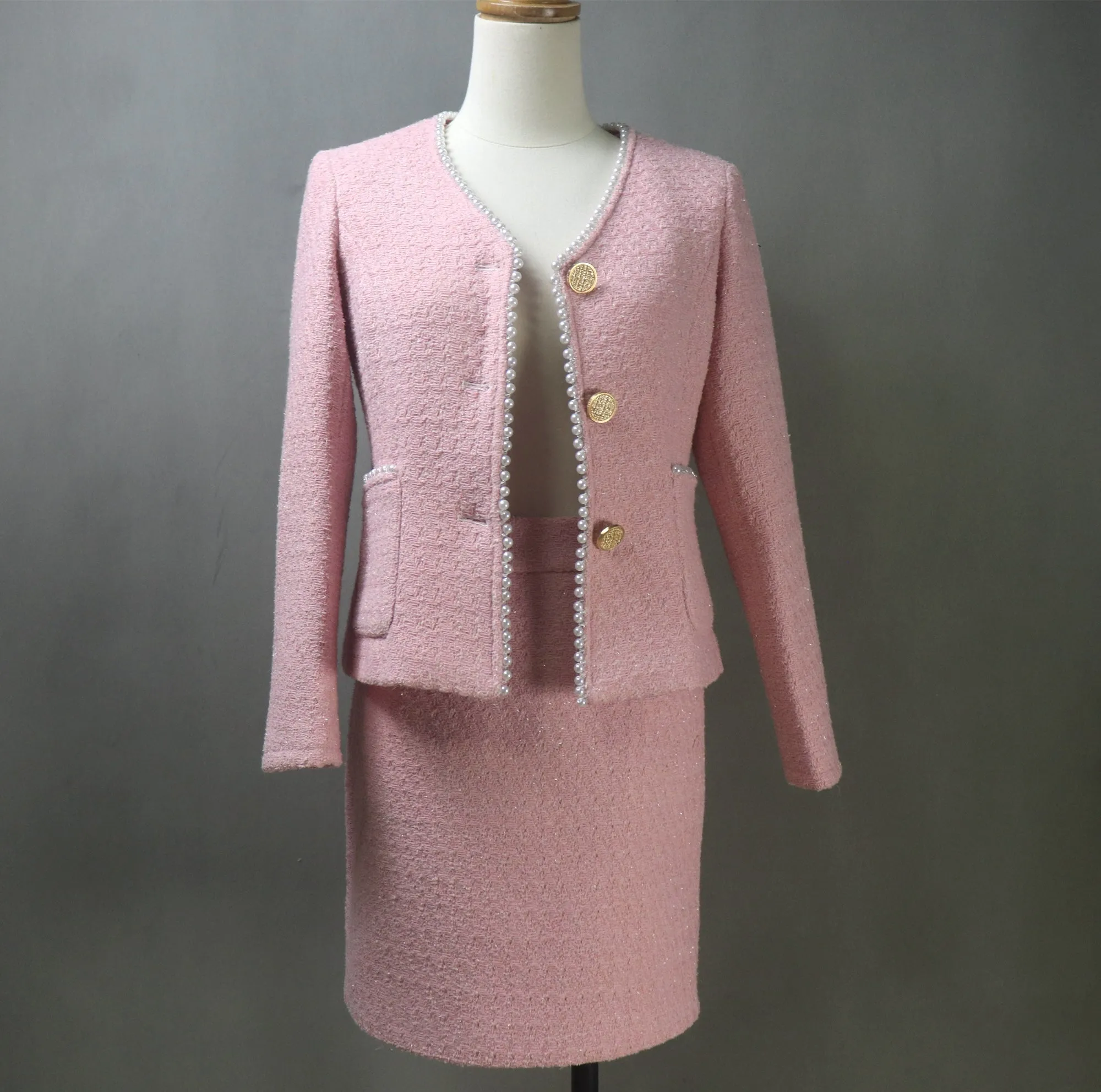 Custom Made Pink Tweed Skirt Suit with Pearls Trim