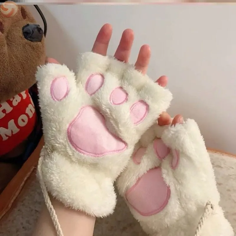 Cute and Fluffy Cat Paw Pattern Fingerless Wrist Gloves