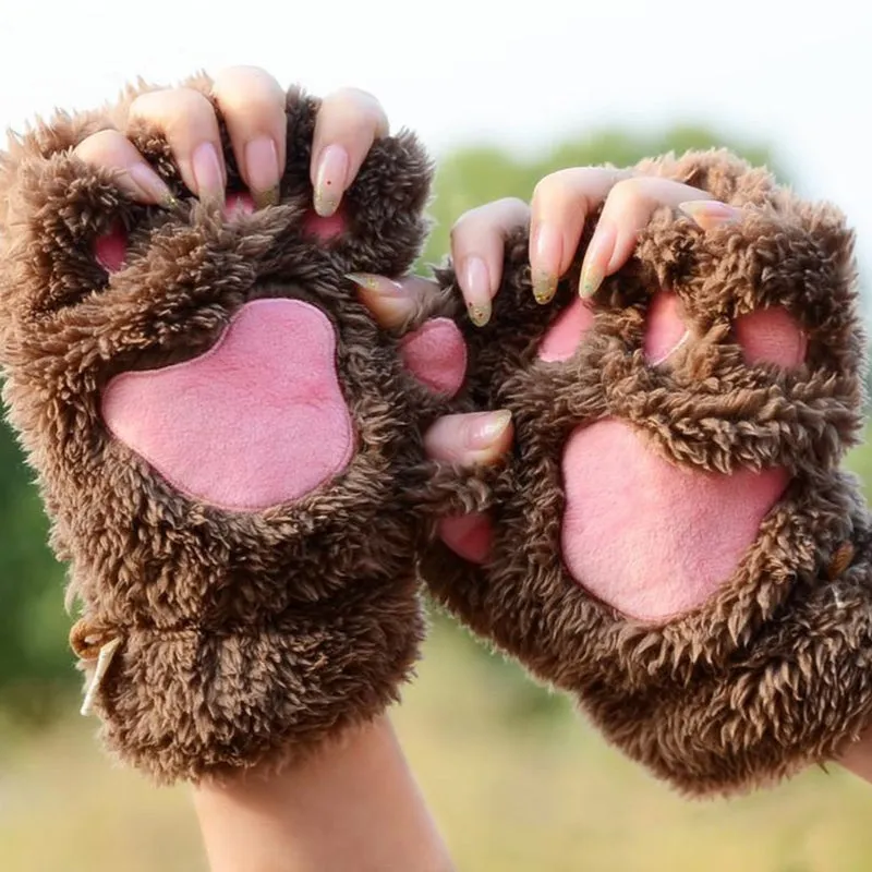 Cute and Fluffy Cat Paw Pattern Fingerless Wrist Gloves