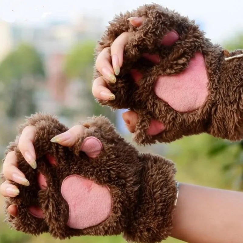 Cute and Fluffy Cat Paw Pattern Fingerless Wrist Gloves