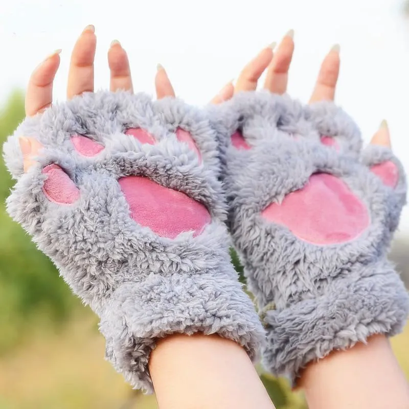 Cute and Fluffy Cat Paw Pattern Fingerless Wrist Gloves