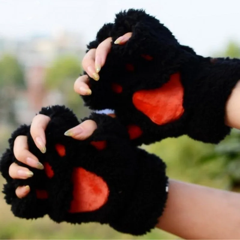 Cute and Fluffy Cat Paw Pattern Fingerless Wrist Gloves