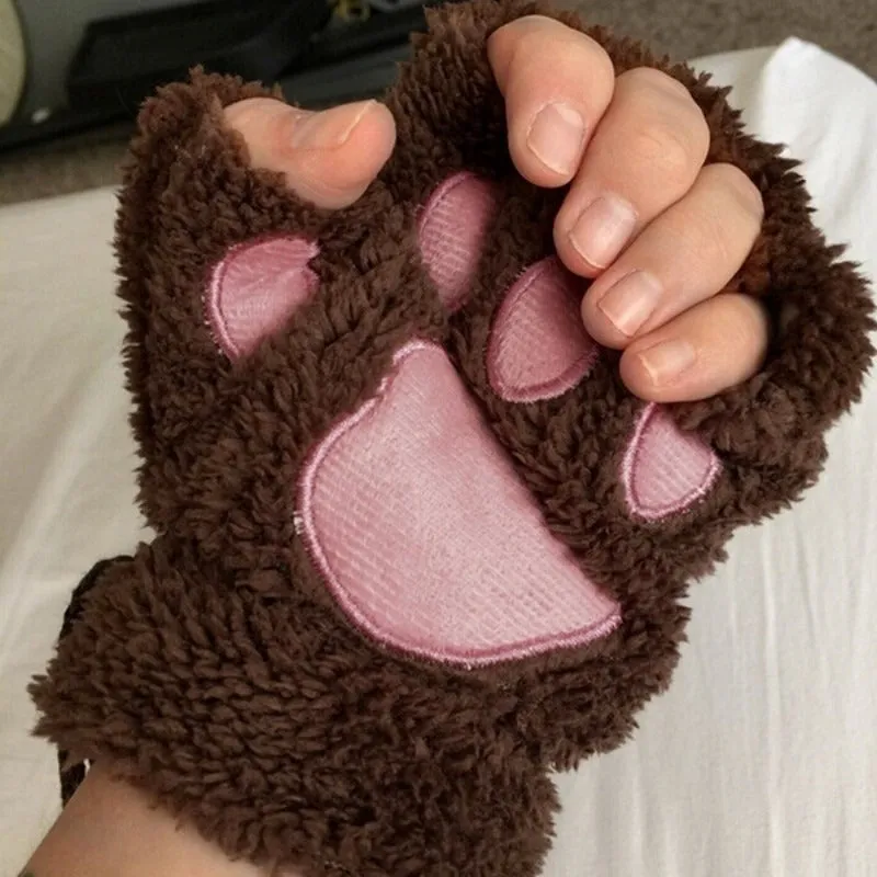 Cute and Fluffy Cat Paw Pattern Fingerless Wrist Gloves