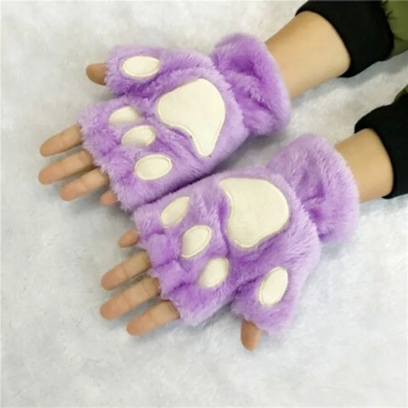 Cute and Fluffy Cat Paw Pattern Fingerless Wrist Gloves