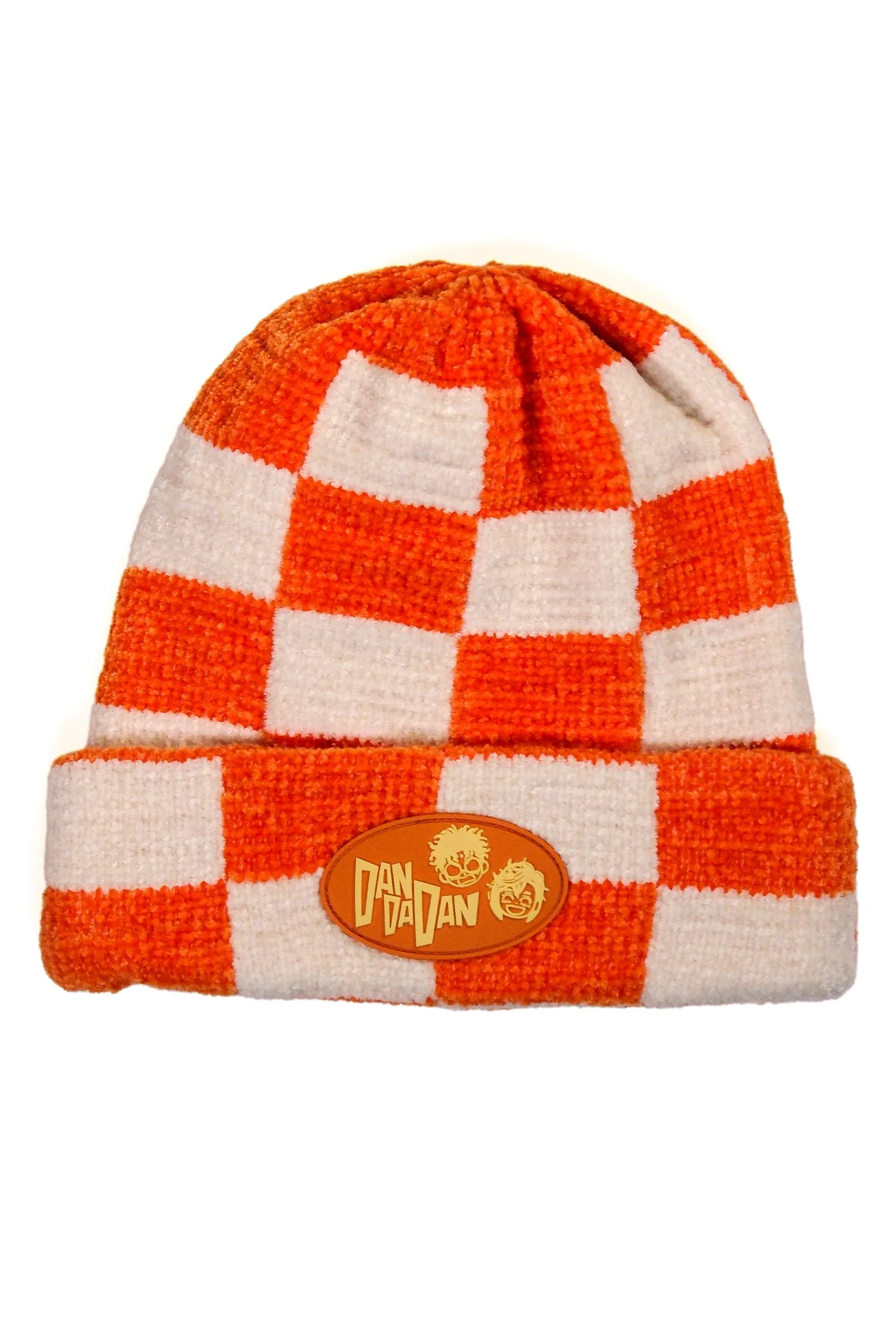 Dan Da Dan Checkered Beanie with PVC Patch - Orange / White