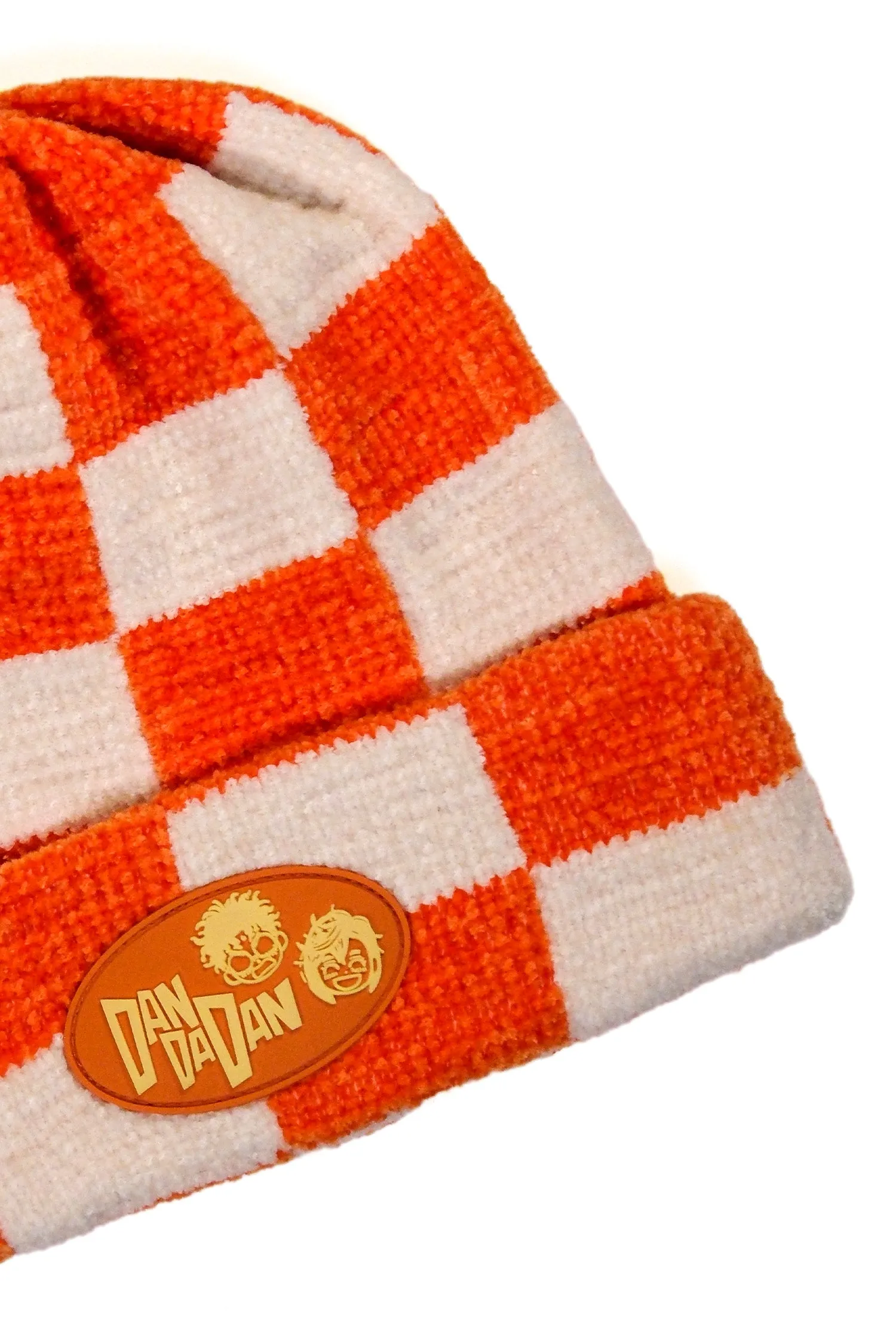 Dan Da Dan Checkered Beanie with PVC Patch - Orange / White