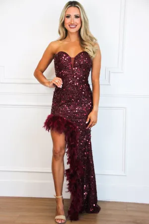 Dance Til Dawn Strapless Feather Sequin Maxi Dress: Burgundy