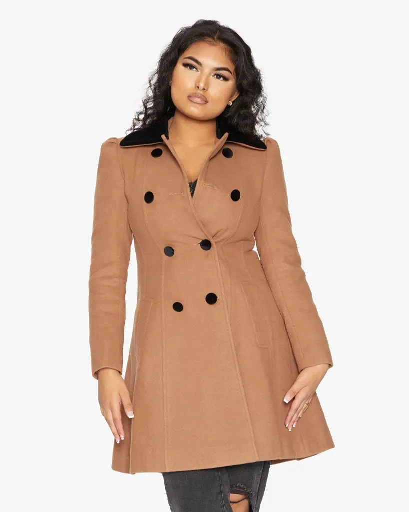 De La Creme Womens Double Breasted Velvet Trim Skater Coat