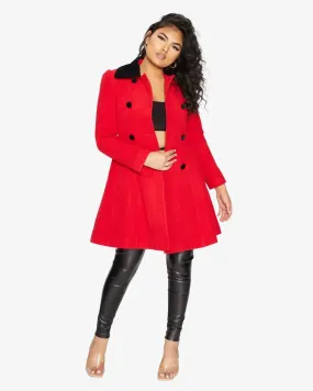 De La Creme Womens Double Breasted Velvet Trim Skater Coat