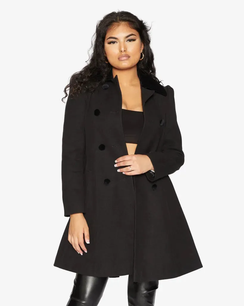 De La Creme Womens Double Breasted Velvet Trim Skater Coat