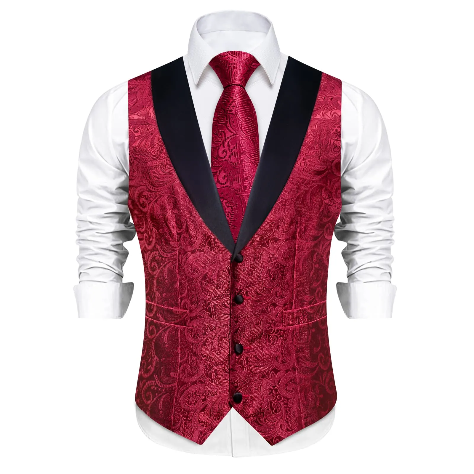 DiBanGu Burgundy Floral Silk Shawl Collar Mens Dress Vest Tie Set