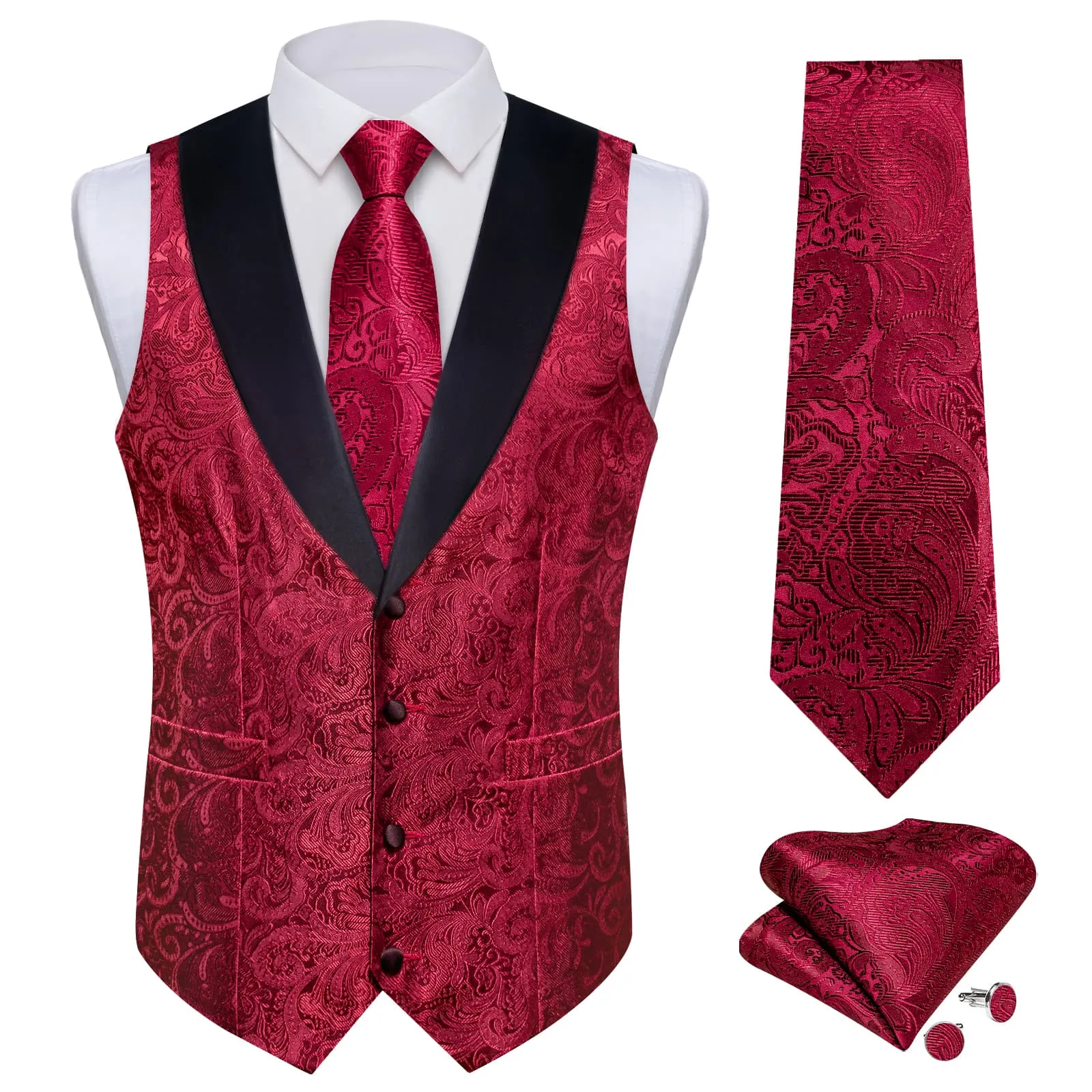 DiBanGu Burgundy Floral Silk Shawl Collar Mens Dress Vest Tie Set