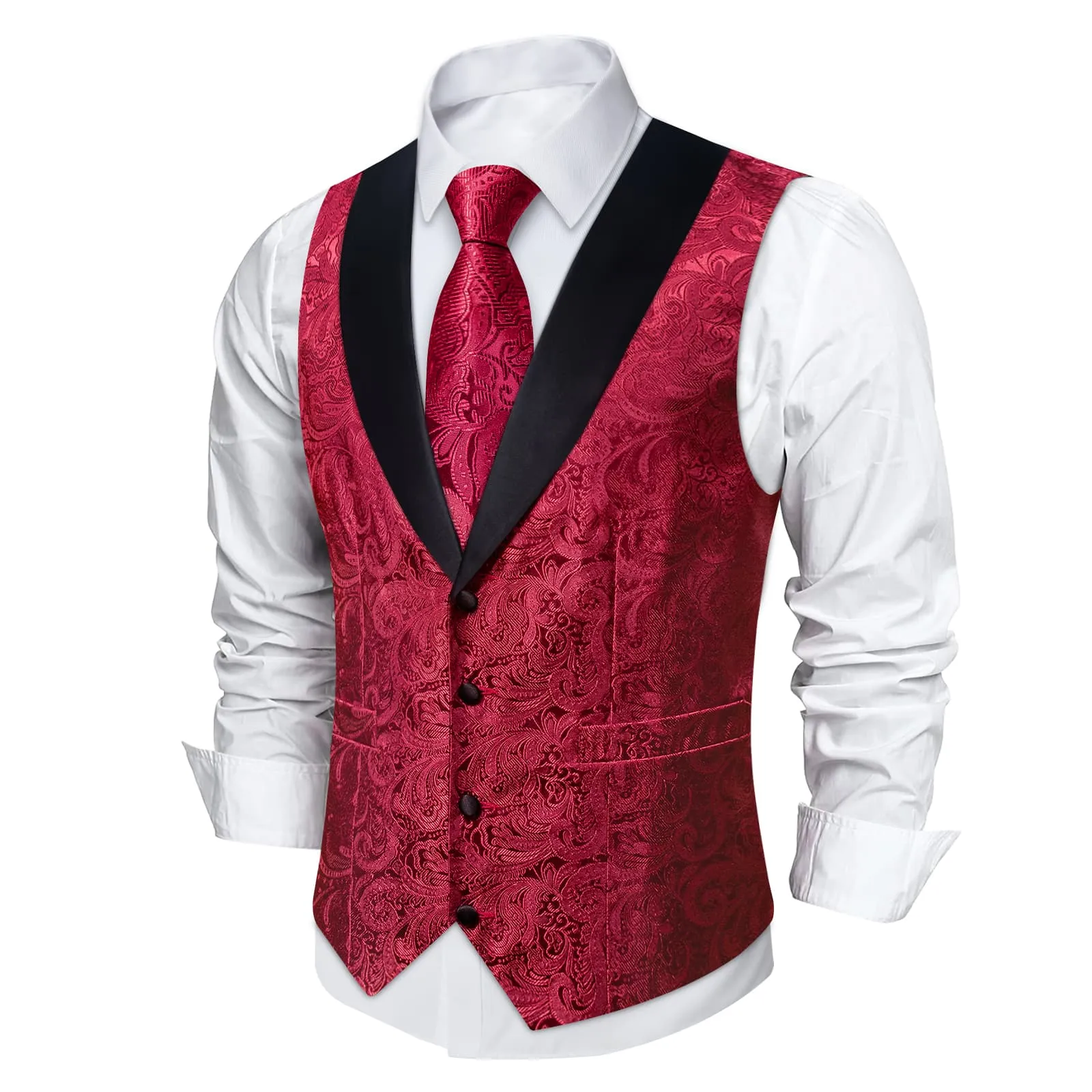 DiBanGu Burgundy Floral Silk Shawl Collar Mens Dress Vest Tie Set