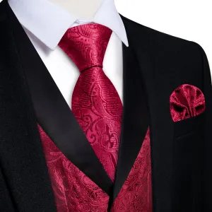 DiBanGu Burgundy Floral Silk Shawl Collar Mens Dress Vest Tie Set