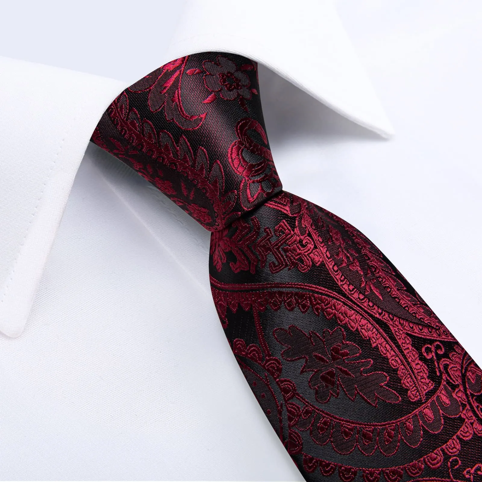 DiBanGu Dress Tie Burgundy Paisley Men's Silk Tie Handkerchief Cufflinks Set