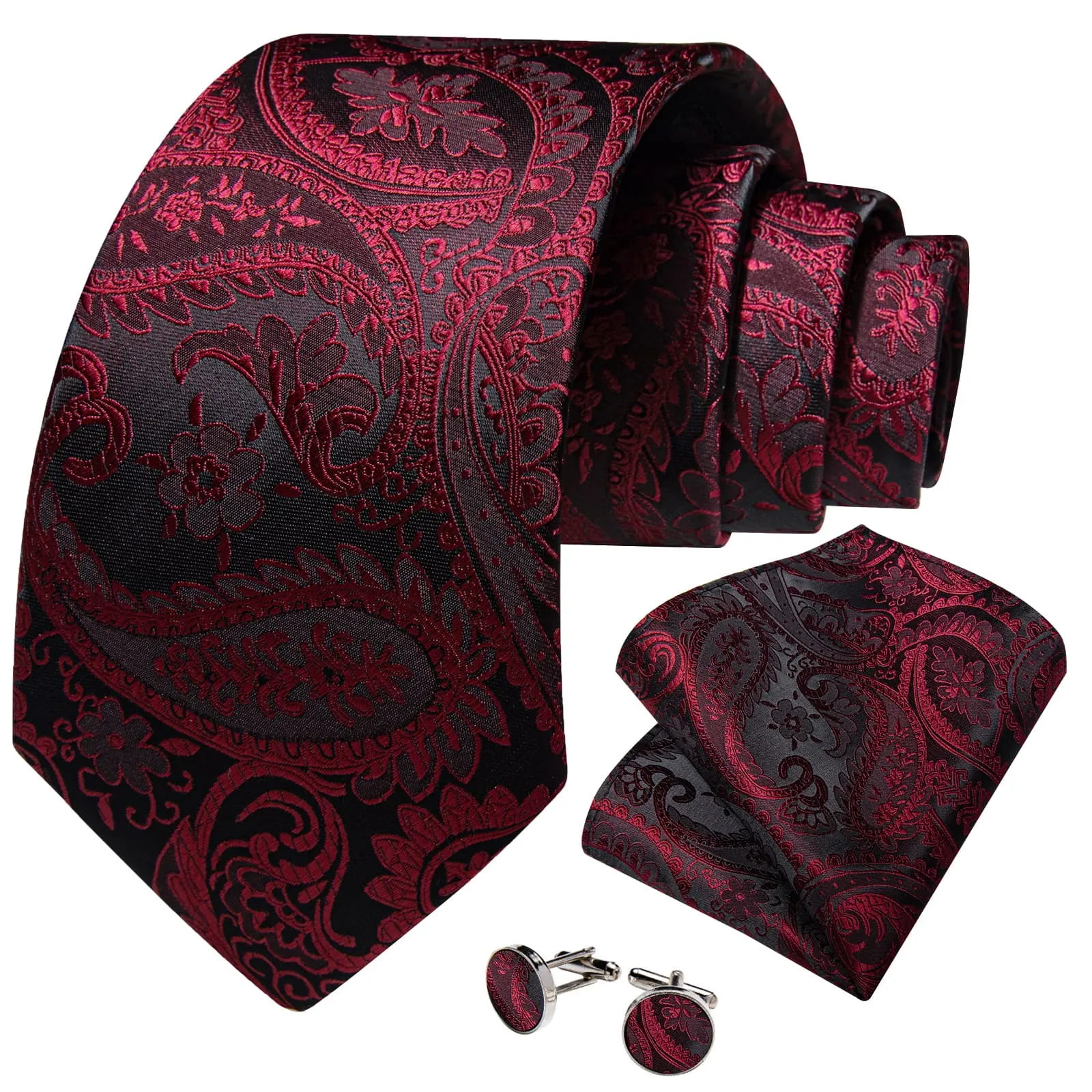 DiBanGu Dress Tie Burgundy Paisley Men's Silk Tie Handkerchief Cufflinks Set