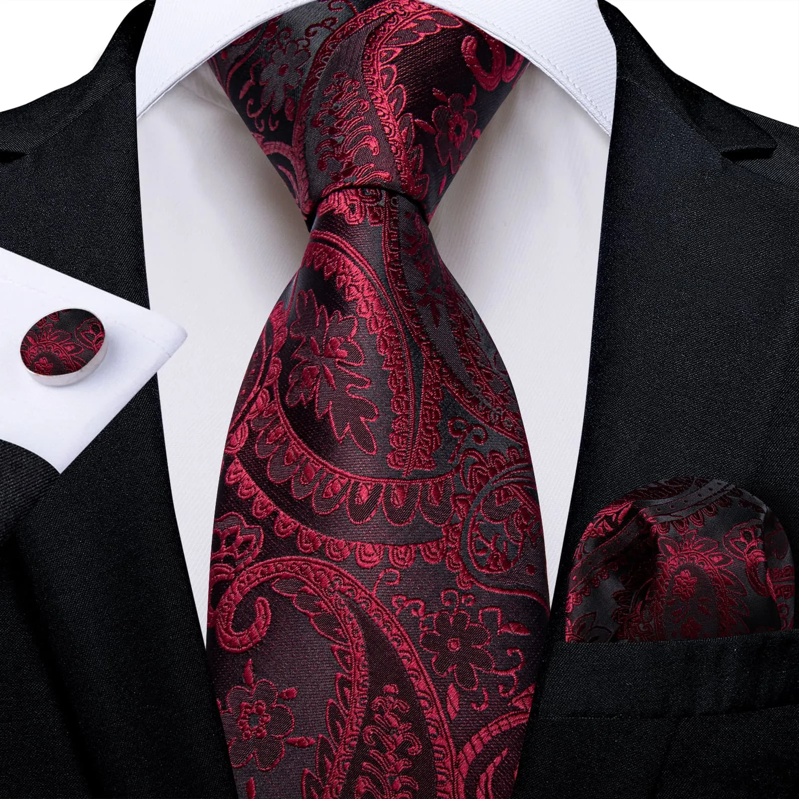 DiBanGu Dress Tie Burgundy Paisley Men's Silk Tie Handkerchief Cufflinks Set