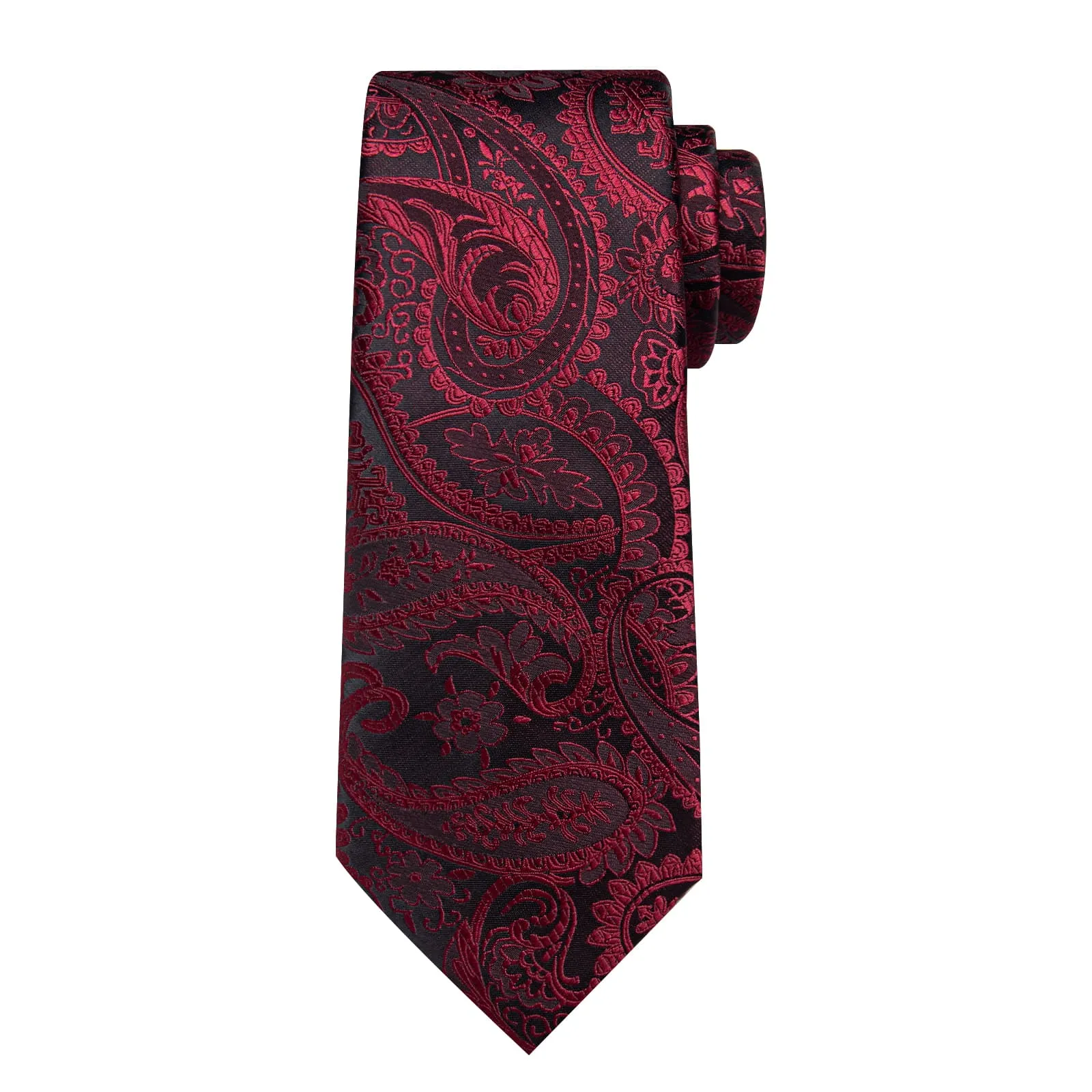 DiBanGu Dress Tie Burgundy Paisley Men's Silk Tie Handkerchief Cufflinks Set