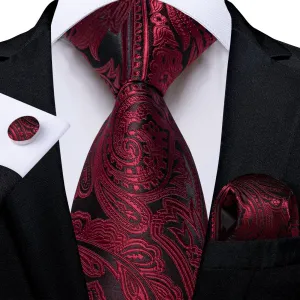 DiBanGu Dress Tie Burgundy Paisley Mens Silk Wedding Tie Pocket Square Cufflinks Set