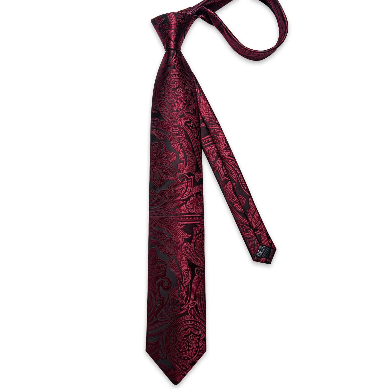 DiBanGu Dress Tie Burgundy Paisley Mens Silk Wedding Tie Pocket Square Cufflinks Set