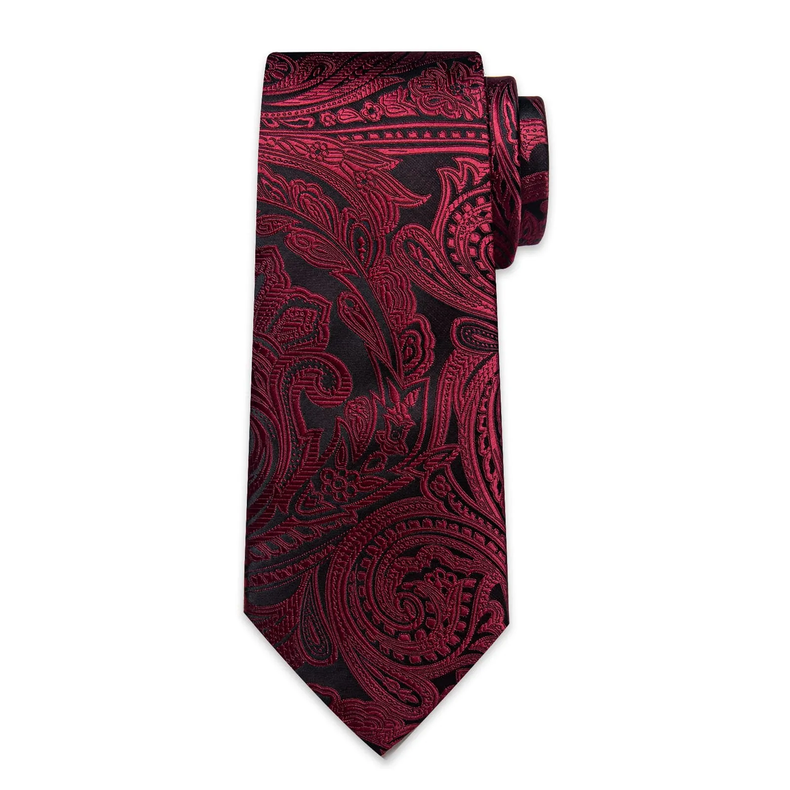 DiBanGu Dress Tie Burgundy Paisley Mens Silk Wedding Tie Pocket Square Cufflinks Set