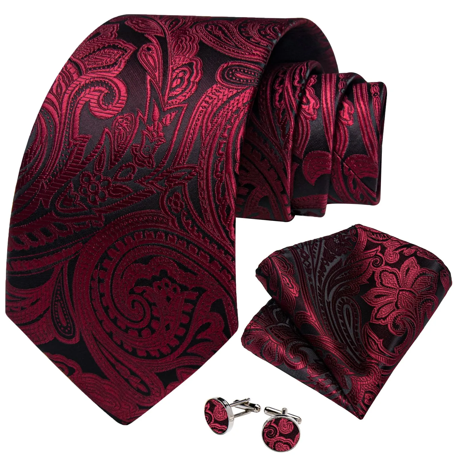 DiBanGu Dress Tie Burgundy Paisley Mens Silk Wedding Tie Pocket Square Cufflinks Set