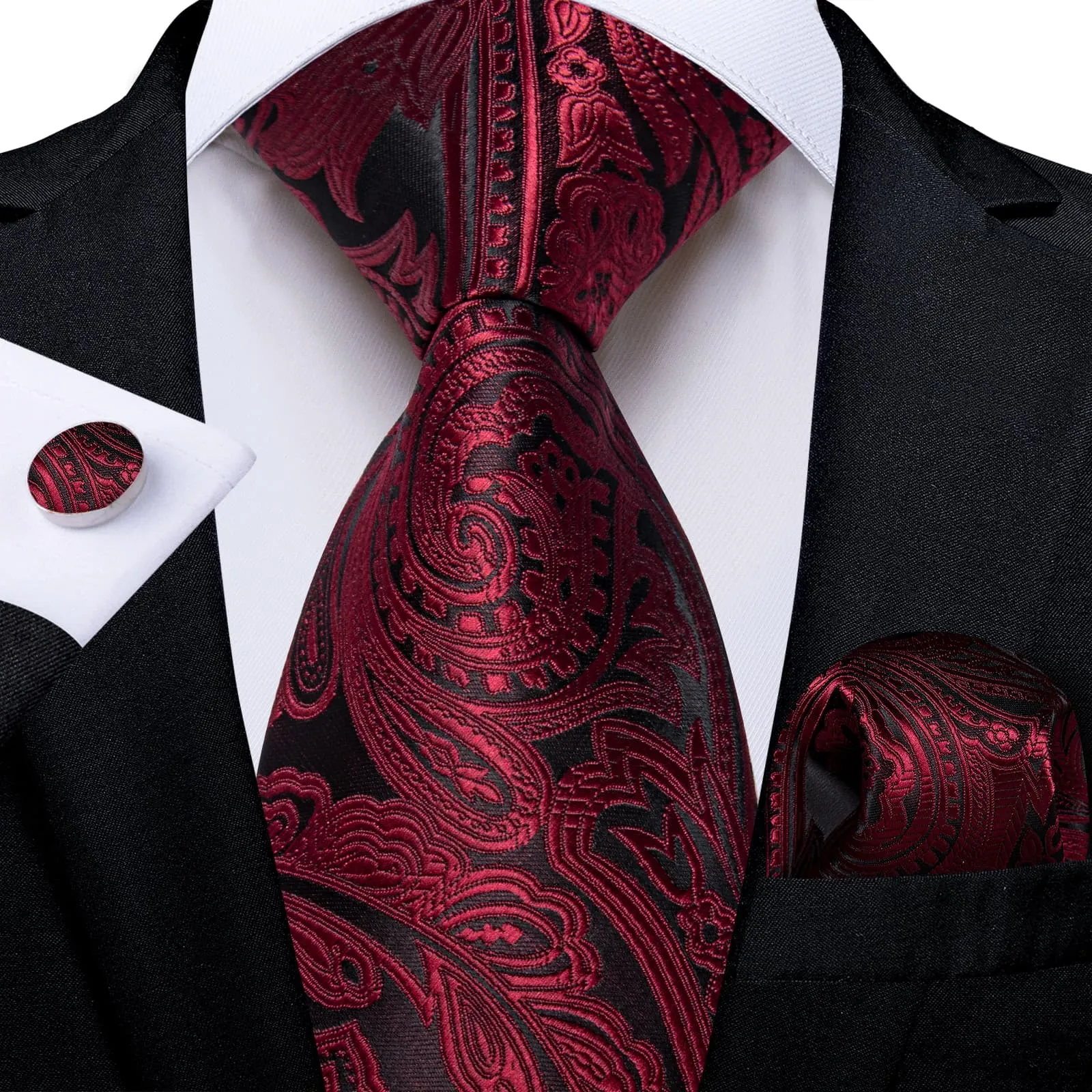 DiBanGu Dress Tie Burgundy Paisley Mens Silk Wedding Tie Pocket Square Cufflinks Set